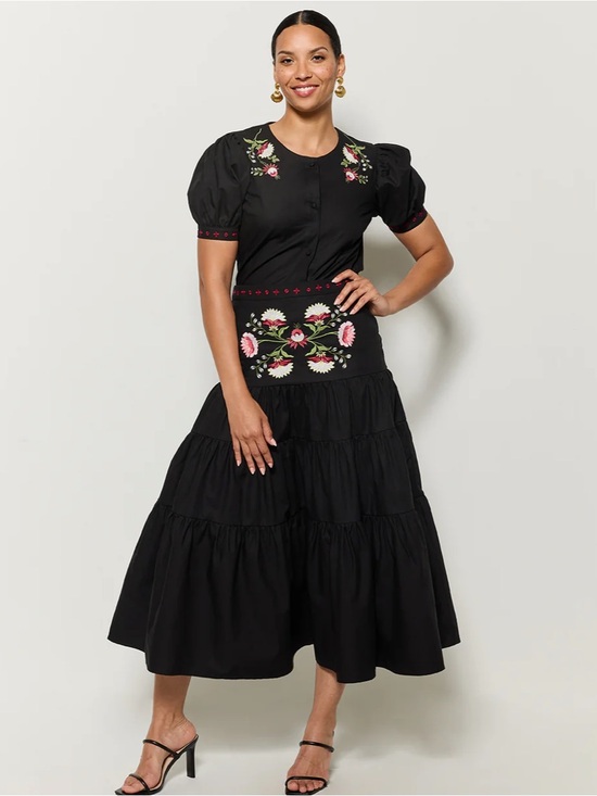 Fanm Mon Dresses & Skirts - Fanm Mon Niger Set Midi Skirt & Blouse Embroidered Black Puff Sleeve Small NWT